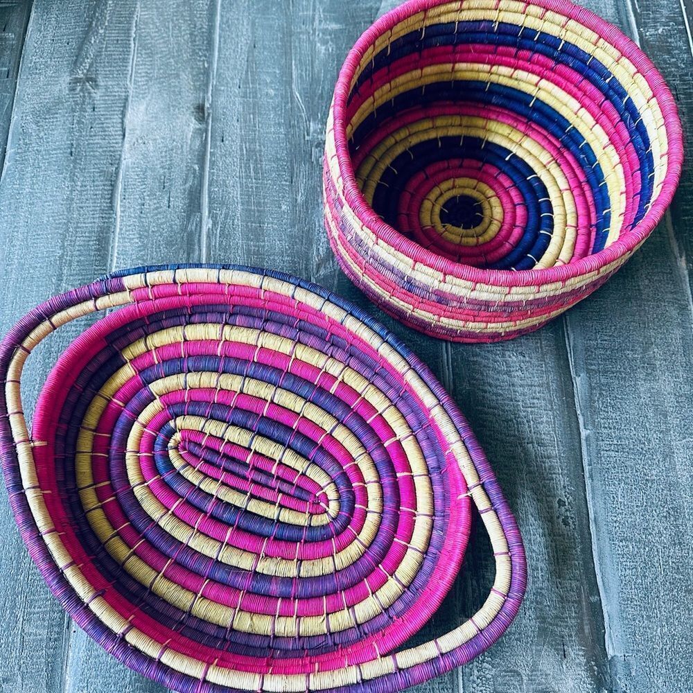 Bohemian Pink Hand Woven Straw Baskets Decor Bundle Lot